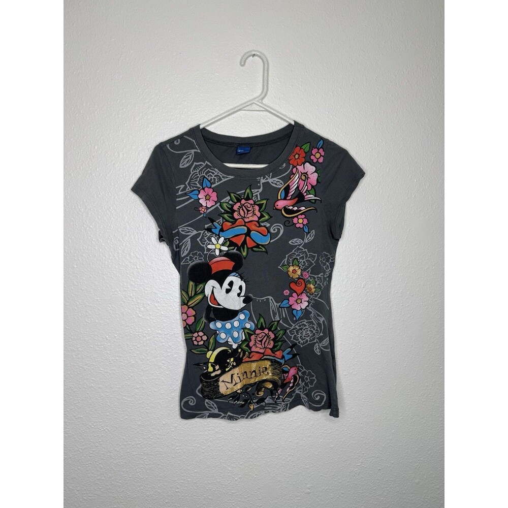 Disney Minnie Mouse Ed Hardy Tattoo Style Gray Tee Womens XS/Small Y2K Sailor